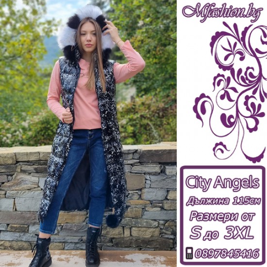 Дамски, дълъг елек с качулка, 115см, City Angels Jeans, Черно бял лак, 6803